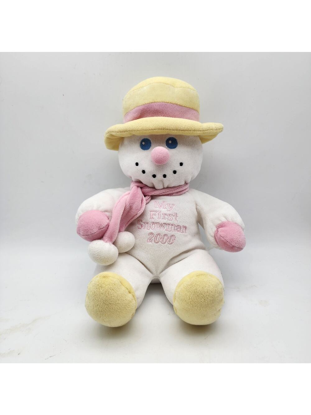 Vintage My First Snowman 2000 Plush Toy 10" Rattle Pink Yellow Main Joy Limited